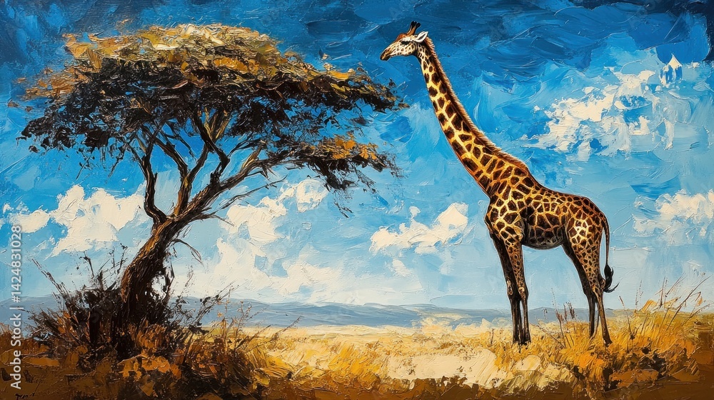 Giraffe Under a Sunny African Sky: A Majestic Painting