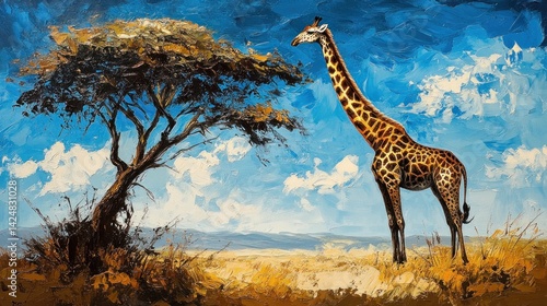 Giraffe Under a Sunny African Sky: A Majestic Painting