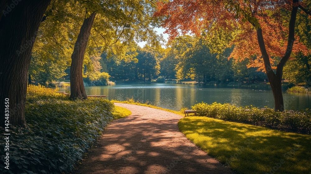 Serene Autumnal Park: Picturesque Pathway Beside a Tranquil Lake