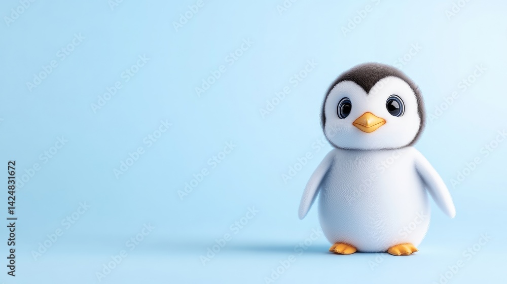 Fototapeta premium Adorable Cartoon Penguin Minimalist Style High-Resolution Render Front View Soft Textures Standing Pose Light Blue Background Peaceful Mood Perfect for Childrens Products