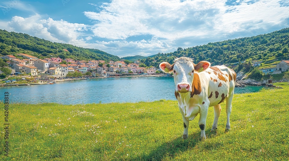 Idyllic Coastal Village with a Curious Cow
