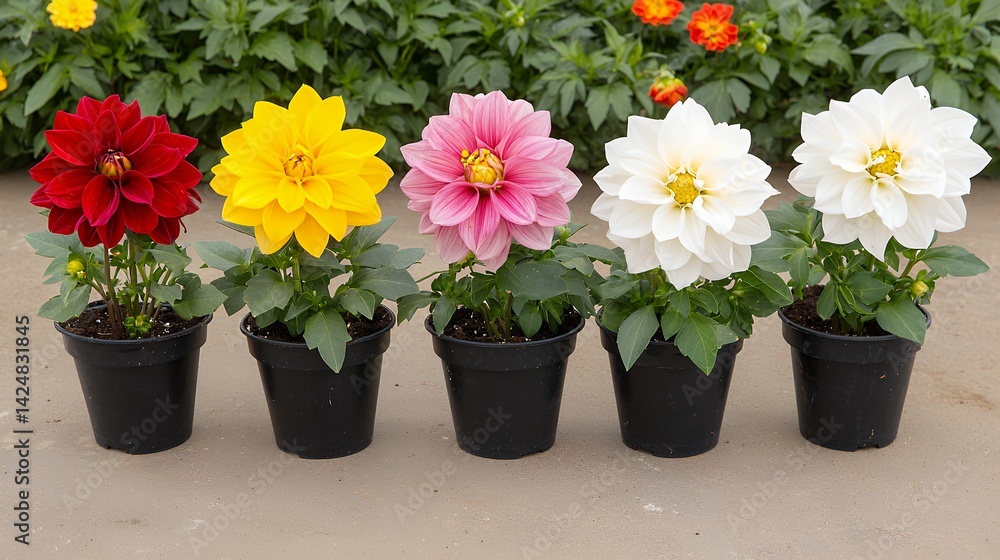 Fototapeta premium Five Vibrant Potted Dahlias in Red, Yellow, Pink and White
