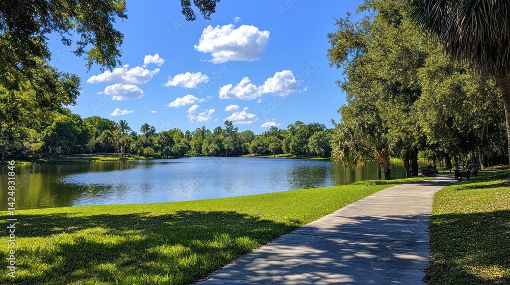 Serene Lakeside Walkway: A Picturesque Summer Day