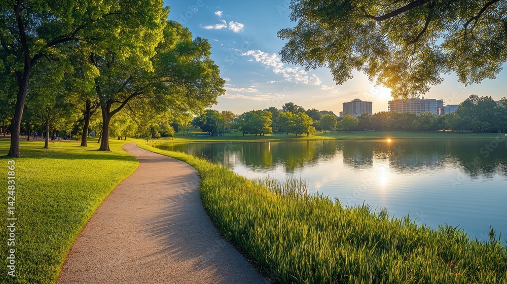Tranquil Lakeside Path at Sunset: A Serene Park Scene
