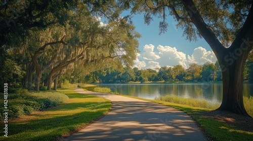 Obraz na płótnie Serene Lakeside Pathway: A Tranquil Walk Through Lush Greenery w salonie