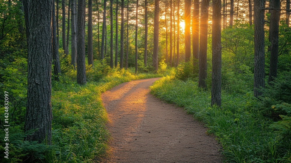 Sunlit Forest Path: A Serene Sunset Walk
