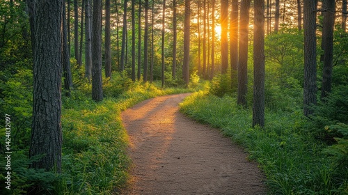 Obraz na płótnie Sunlit Forest Path: A Serene Sunset Walk w salonie