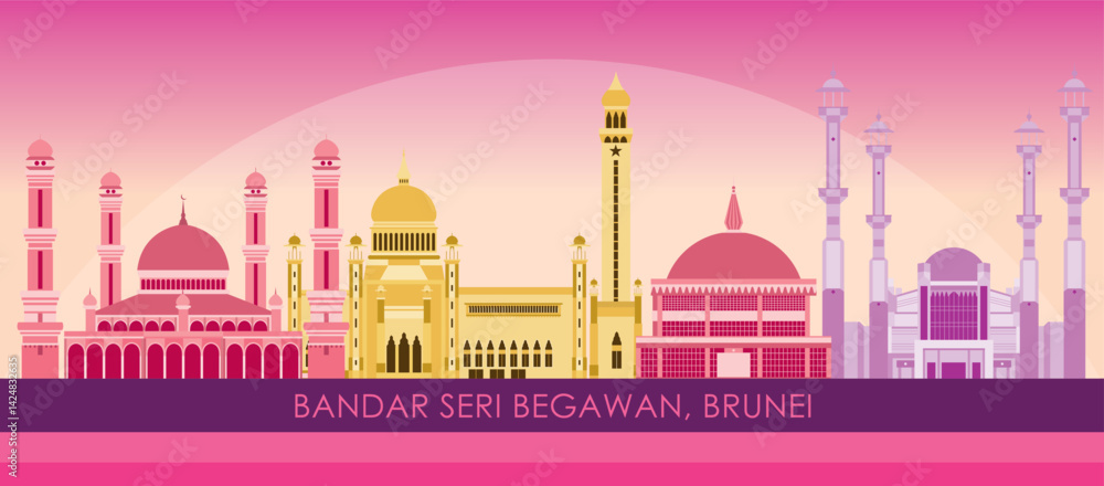 Sunset Skyline panorama of city of Bandar Seri Begawan, Brunei - vector illustration