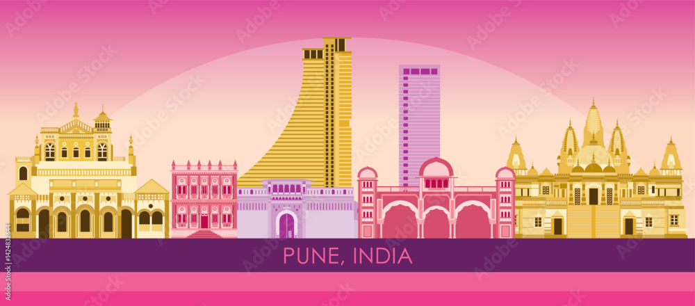 Sunset Skyline panorama of city of Pune, India - vector illustration