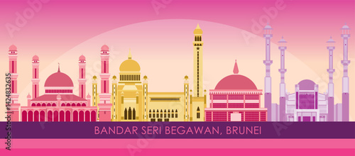 Obraz na płótnie Sunset Skyline panorama of city of Bandar Seri Begawan, Brunei - vector illustration w salonie