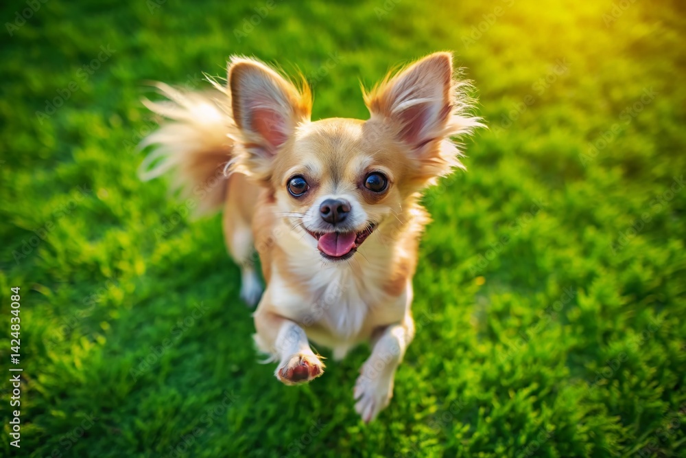 Aerial View of Adorable Chihuahua Dog Playing in Lush Green Park Aerial View of Adorable Chihuahua Dog Playing in Lush Green Park