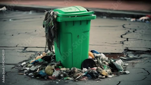 overflowing green plastic rubbish bin, surrounded by a tangled mess of unhygienic trash and pollution, created with generative ai