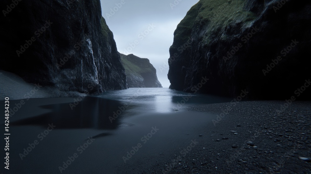 Dark, dramatic coastal scene. A narrow passage between towering, rugged cliffs. Black sand beach meets a calm, dark, reflecting inlet. Misty, overcast sky Dark, dramatic coastal scene. A narrow passage between towering, rugged cliffs. Black sand beach meets a calm, dark, reflecting inlet. Misty, overcast sky