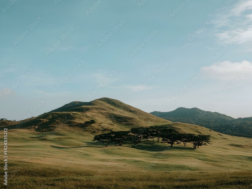 Obraz premium Serene landscape photo of rolling green hills under a clear blue sky, with a cluster of trees in the foreground. Perfect for travel brochures, nature documentaries, and websites.