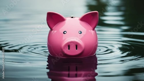 pink piggy bank floats on water drowning about to sink concept of investment failure budget issue financial risk debt problem bankruptcy economy crisis.stock photo, created with generative ai