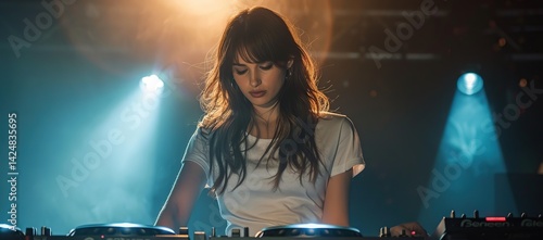 DJ Mixing Music on Stage Under Bright Lights