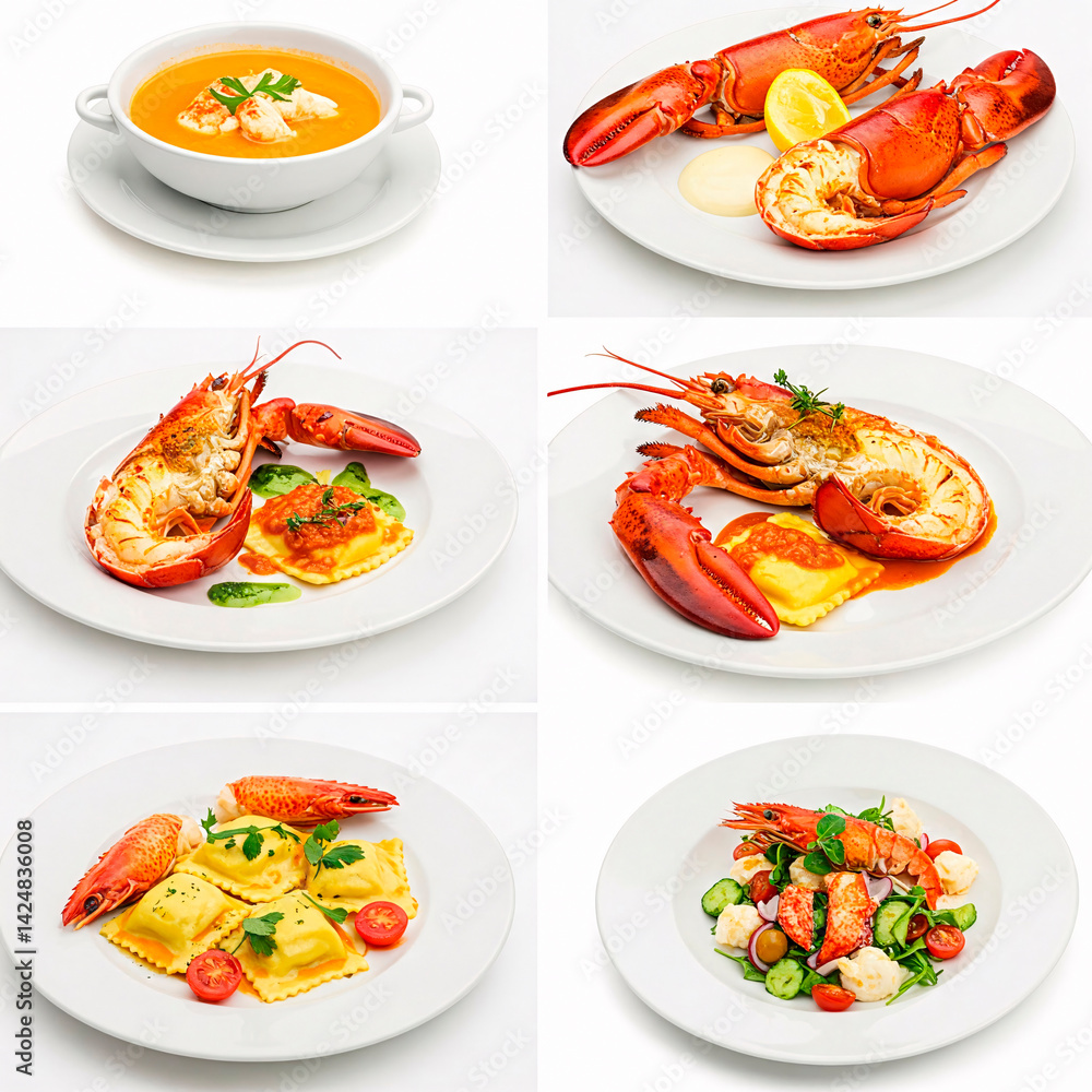 Lobster salad on a white background. Collage of photos Lobster salad on a white background. Collage of photos