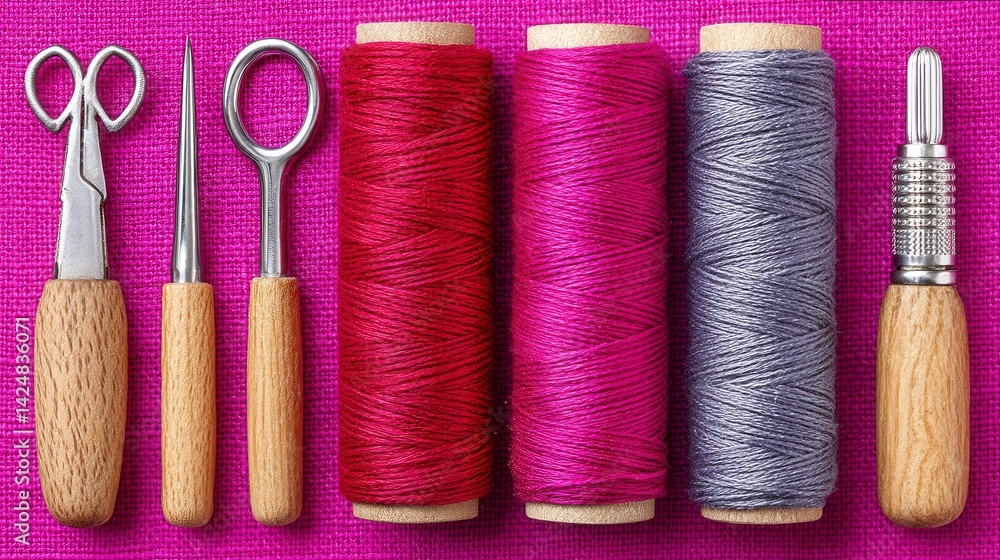 Embroidery Tools and Pink Threads on Pink Fabric Background