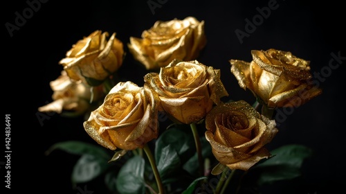 Obraz na płótnie Gold roses bouquet on black background w salonie