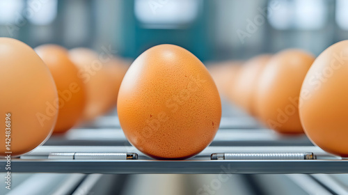 A streamlined conveyor belt system carrying a line of fresh, natural brown eggs