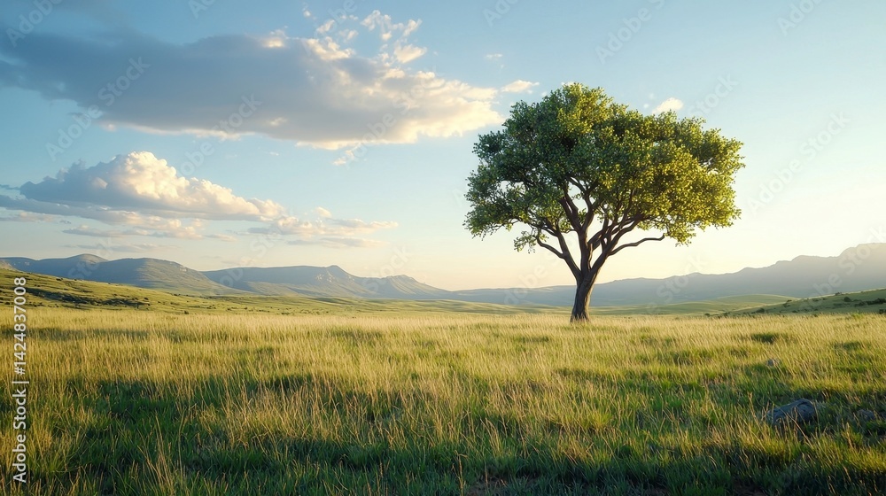 Serene Landscape with Lone Tree and Green Meadow Serene Landscape with Lone Tree and Green Meadow