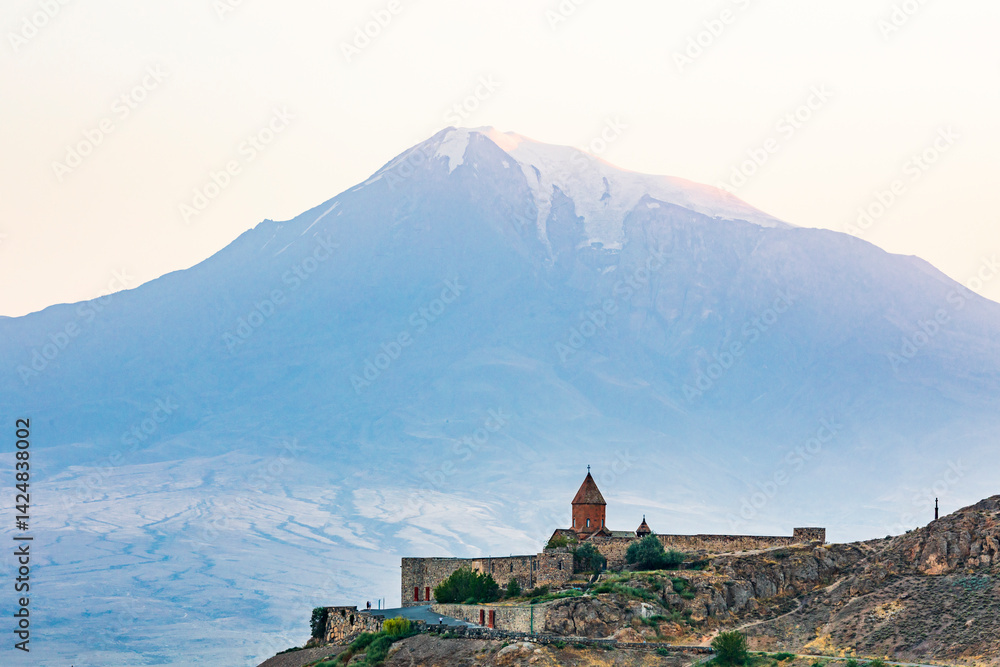 Western Asia. Eurasia. South Caucasus. Republic of Armenia. Ararat Province. Lusarat. View of the Khor Virap Monastery with Mount Ararat in the distance.