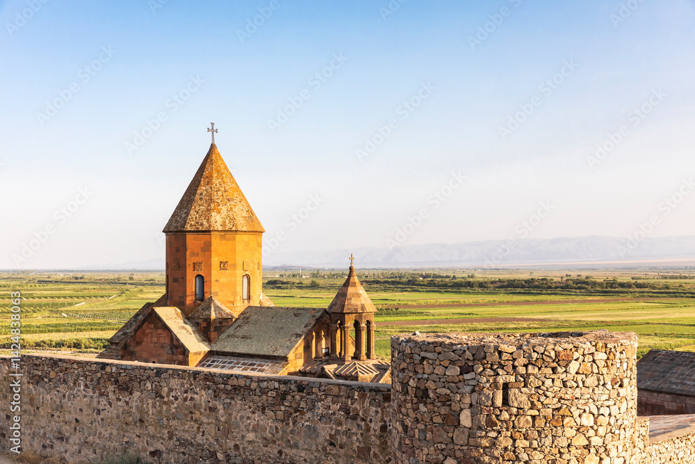 Western Asia. Eurasia. South Caucasus. Republic of Armenia. Ararat Province. Lusarat. Cross in front of the Surb Astvatzatzin Church at the Khor Virap Monastery.