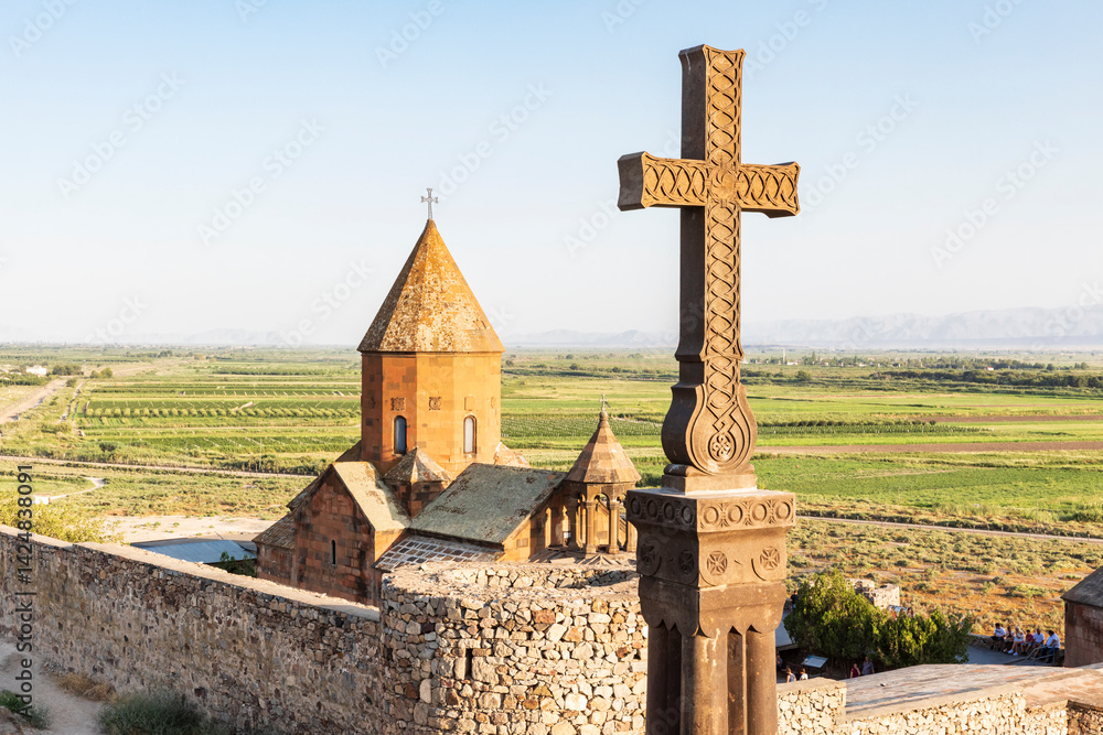 Western Asia. Eurasia. South Caucasus. Republic of Armenia. Ararat Province. Lusarat. August 16, 2018. Cross in front of the Surb Astvatzatzin Church at the Khor Virap Monastery.