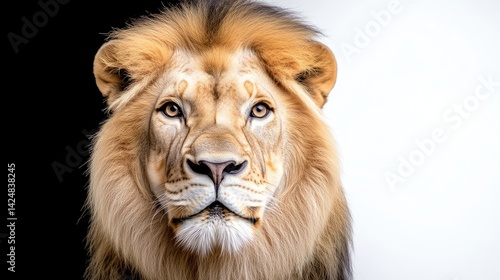 Majestic lion portrait against black and white backdrop.  Close-up view of a lion's head and shoulders, showcasing its powerful features and intense gaze