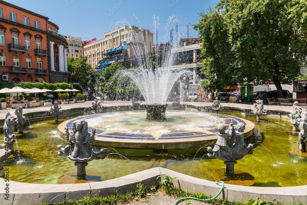 Armenia. Yerevan. August 16, 2018. Fountain at Charles Aznavour Square.