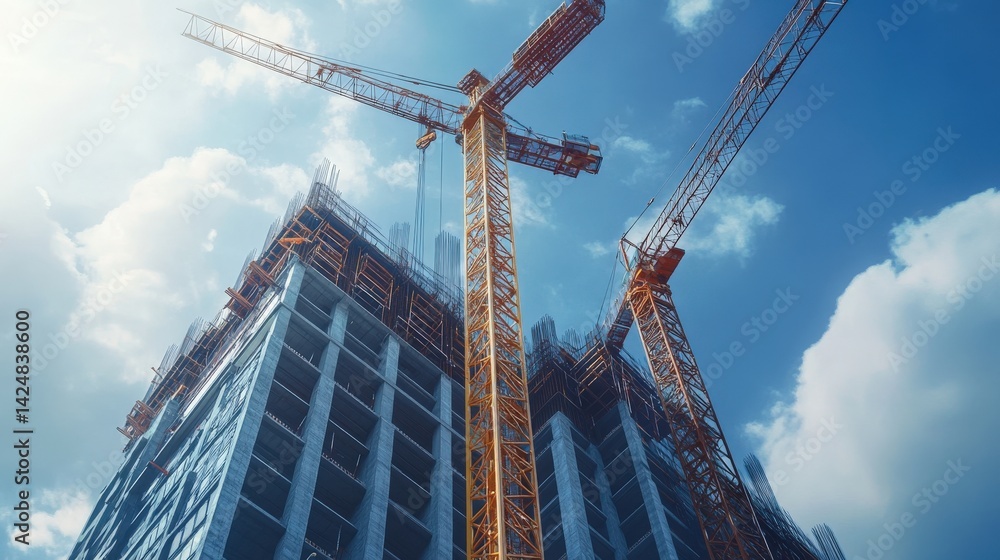 Fototapeta premium Construction site reveals tall buildings with large yellow cranes above