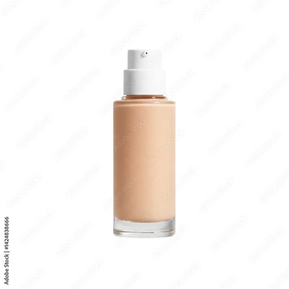 A bottle of light beige foundation, promising a flawless complexion, sits ready for application, in a clear glass bottle with a sleek white pump. A bottle of light beige foundation, promising a flawless complexion, sits ready for application, in a clear glass bottle with a sleek white pump.