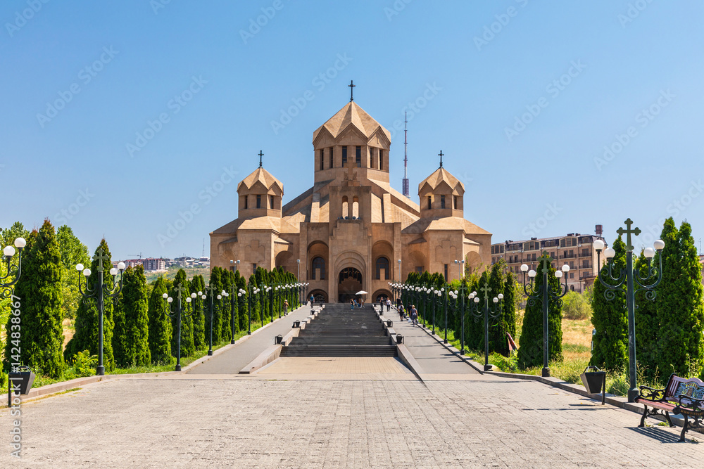 Armenia. Yerevan. August 16, 2018. People on the stairs leading to Saint Gregory the Illuminator Cathedral.