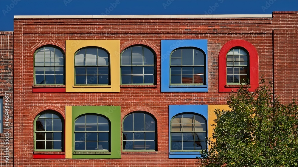 Fototapeta premium Colorful brick building facade with arched windows. A vibrant architectural detail.