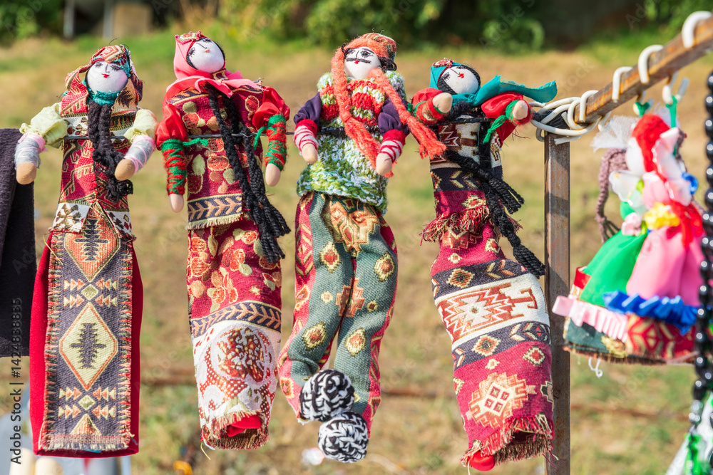 Western Asia, Eurasia, South Caucasus, Republic of Armenia. Sevan. August 15, 2018. Souvenir dolls in traditional Armenian clothes at market near the Sevanavank Monastery on Lake Sevan.