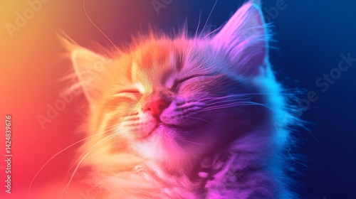 Neon Dream, A Close-Up of a Kitten Sleeping Peacefully in Vibrant Lights