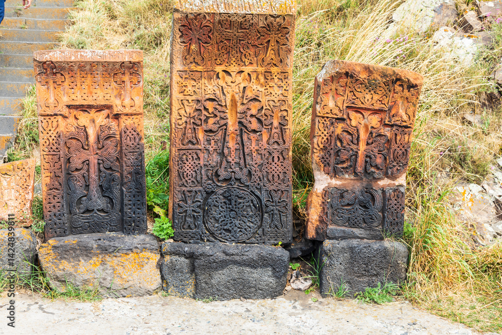 Western Asia, Eurasia, South Caucasus, Republic of Armenia. Sevan. Sevanavank. 9th C Monastery complex. Stone tablets.