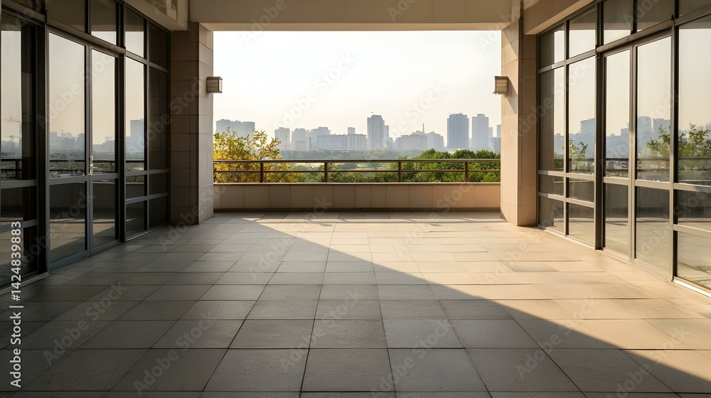 Fototapeta premium Modern balcony with city skyline view. Sunlit tiled floor and glass walls offer a tranquil urban scene.
