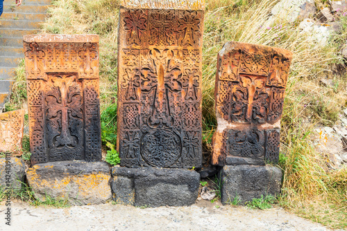 Obraz na płótnie Western Asia, Eurasia, South Caucasus, Republic of Armenia. Sevan. Sevanavank. 9th C Monastery complex. Stone tablets. w salonie