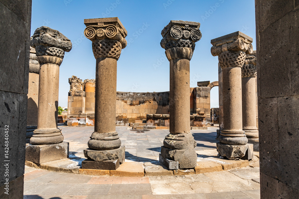 Armenia. Armavir Province. Vagharshapat. Zvartnots. Ruins of the Zvartnots Cathedral.