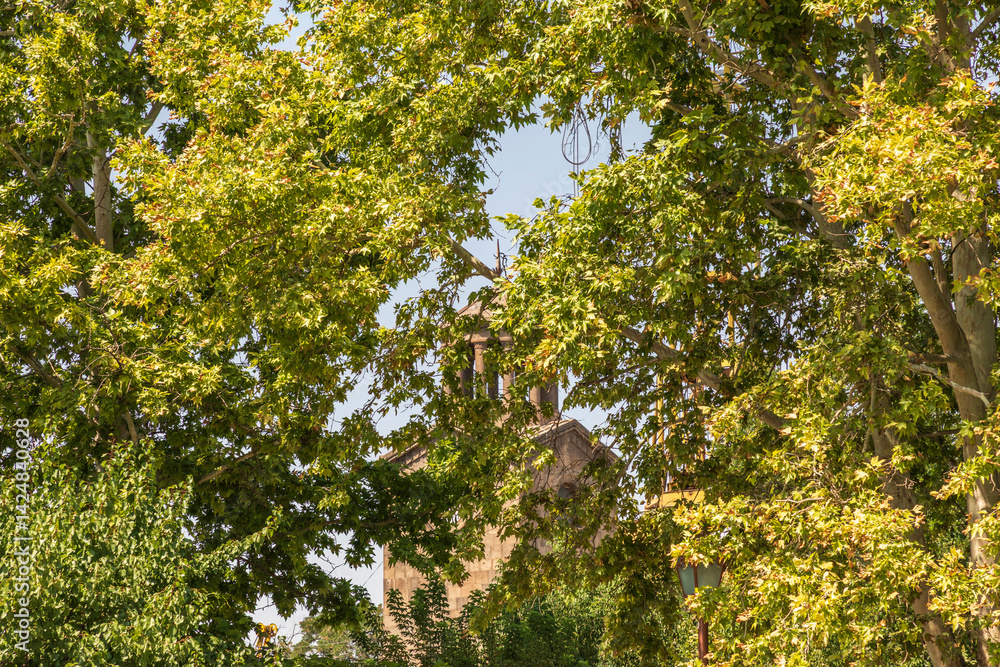 Armenia. Armavir Province. Vagharshapat. The Mother See of Holy Etchmiadzin Church, seen through trees.