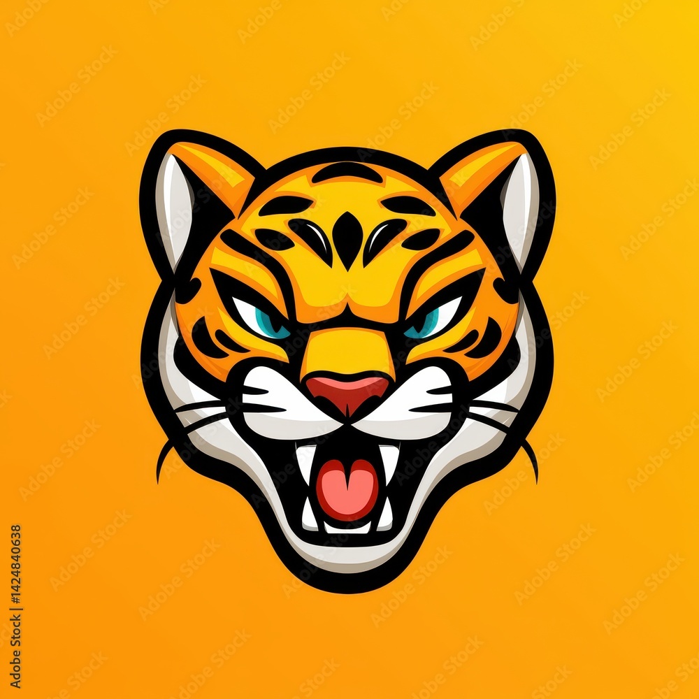 Fototapeta premium Cartoon tiger head with vivid blue eyes and open mouth on yellow background