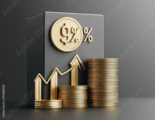 9% interest rate growth, gold coins & upward arrows.