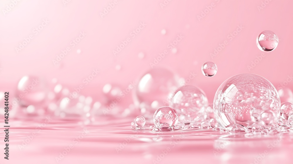 A serene scene of water droplets and bubbles on a soft pink background. A serene scene of water droplets and bubbles on a soft pink background.