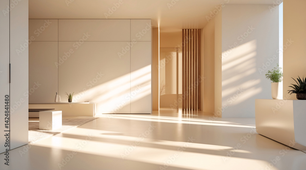 Fototapeta premium Golden morning light shines on clean beige marble in this luxury interior corridor featuring warm ambiance and tranquil architectural styling Premium Interior Design Stock Photography