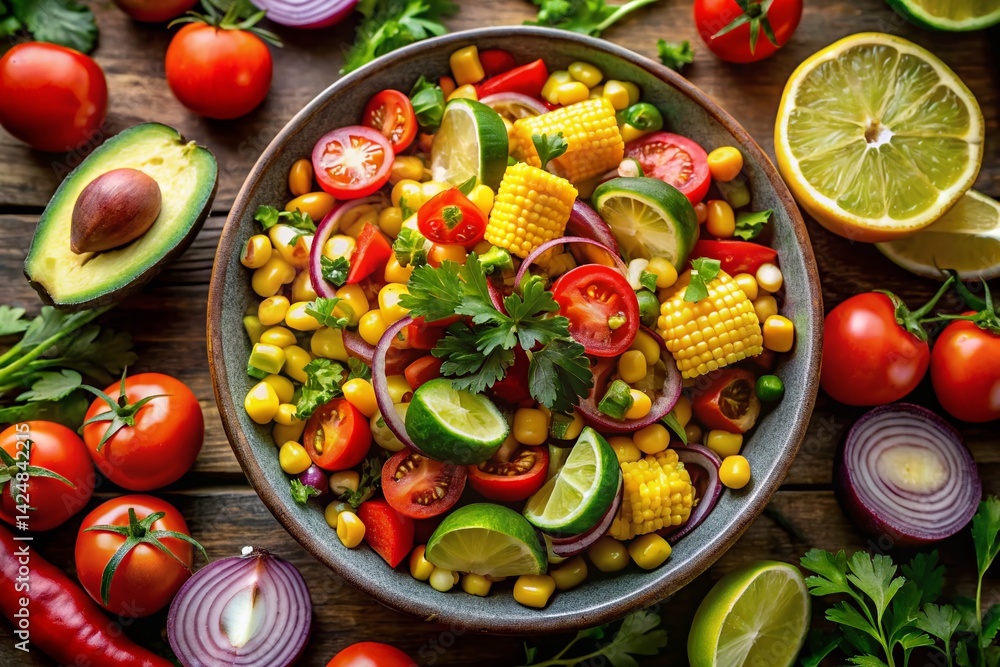 Aerial View of Vibrant Latino Salad Ingredients, Fresh Produce from Above Aerial View of Vibrant Latino Salad Ingredients, Fresh Produce from Above