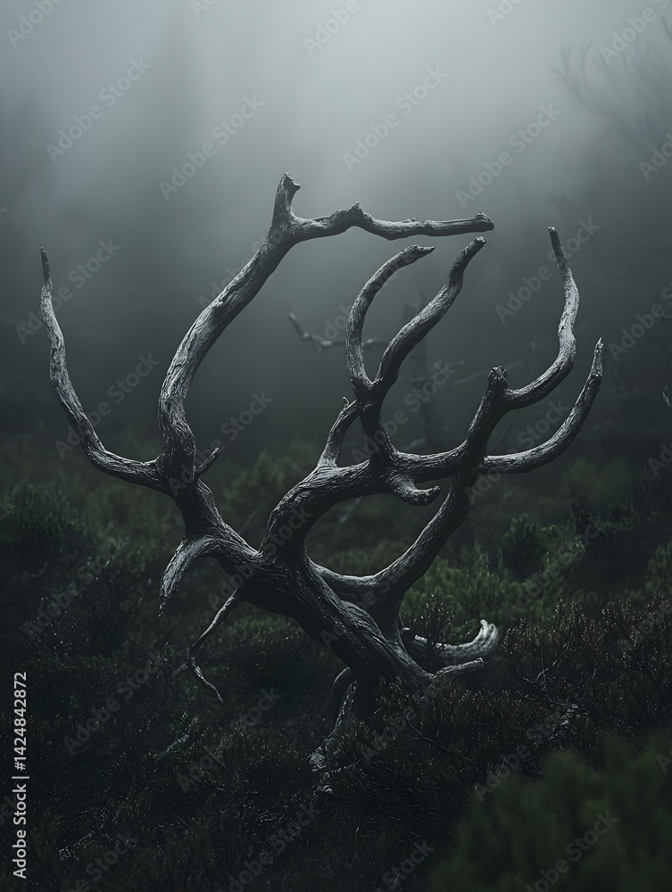 Obraz premium Mysterious gnarled tree branch in foggy forest. Dark, moody, atmospheric. Perfect for fantasy, gothic, or horror themes.