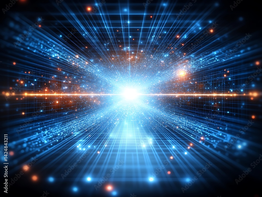 Abstract digital grid tunnel with vibrant particles and glowing center Abstract digital grid tunnel with vibrant particles and glowing center