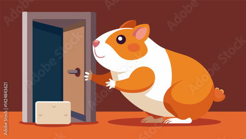 A mischievous guinea pig using its paws to push open the electronic pet door escaping its enclosure.. Vector illustration