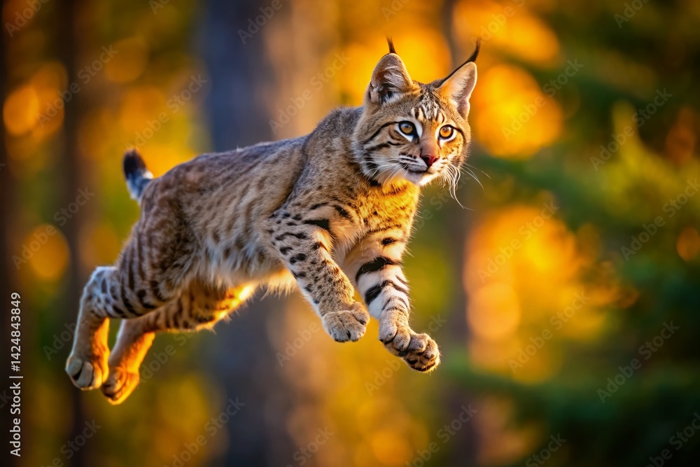 Fototapeta premium Agile Bobcat Leap: Wildlife Action Shot in Nature